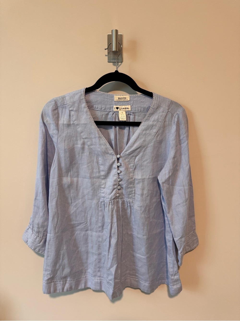 Linen Malvin Hamburg Germany Blouse | Baby Blue | 3/4 Sleeve | Size S (US 6)